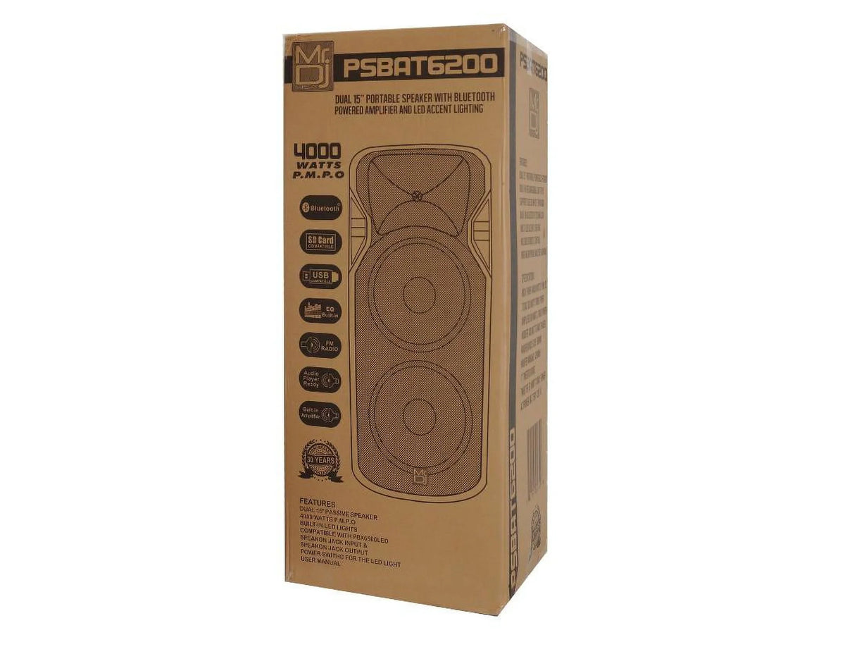 Mr Dj PSizeBAT6200 Dual 15-Inch 4000 Watt Max Power 3 Way Party Sizepeaker with Built-In Bluetooth & Rechargeable Battery