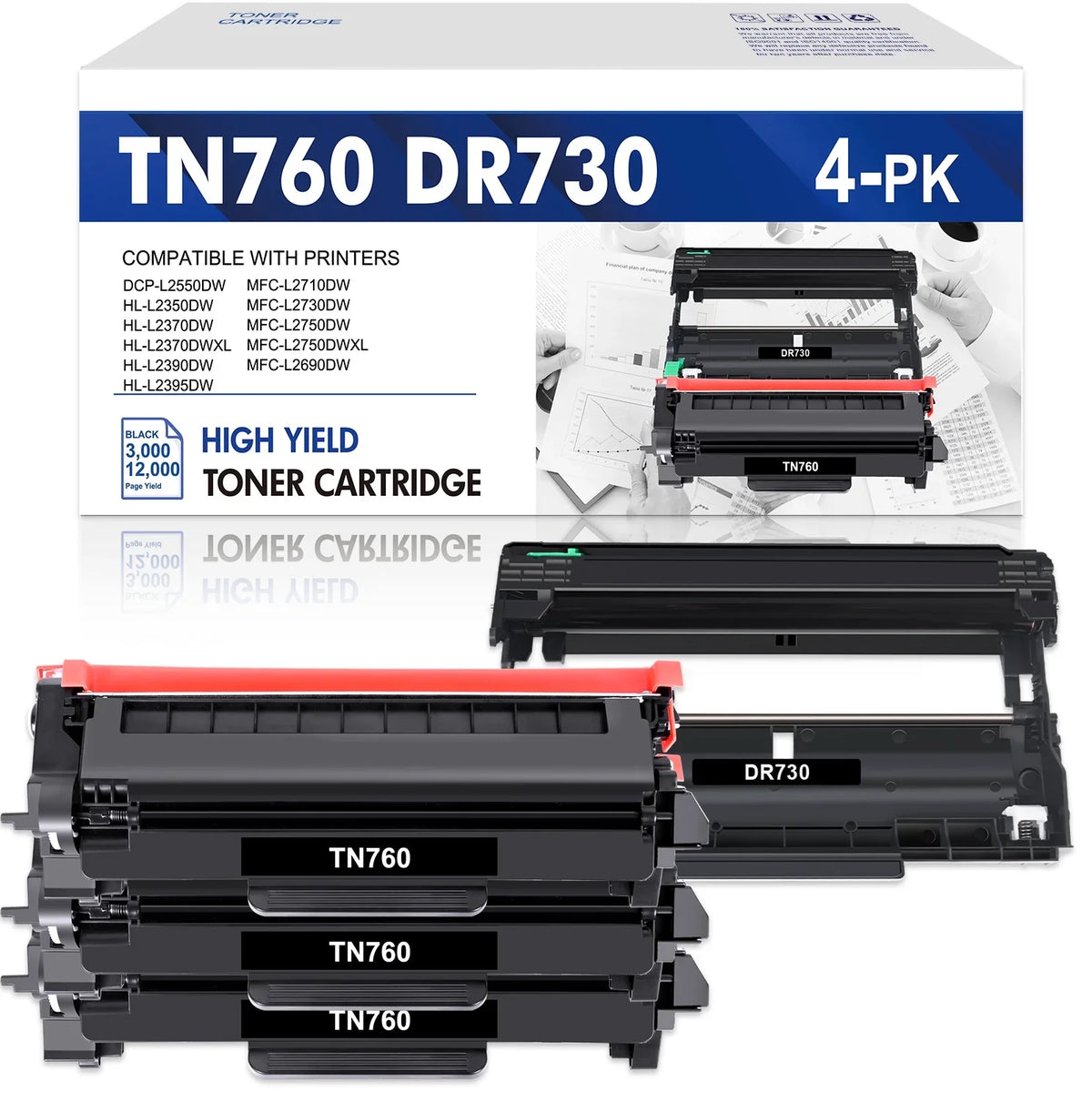 TN-760 Toner Cartridge and DR-730 Drum Unit Sizeet Compatible for Brother DCP-L2550DW HL-L2350DW MFC-L2710DW MFC-L2690DW Printer (3x TN760 Toner, 1x DR730 Drum Unit )