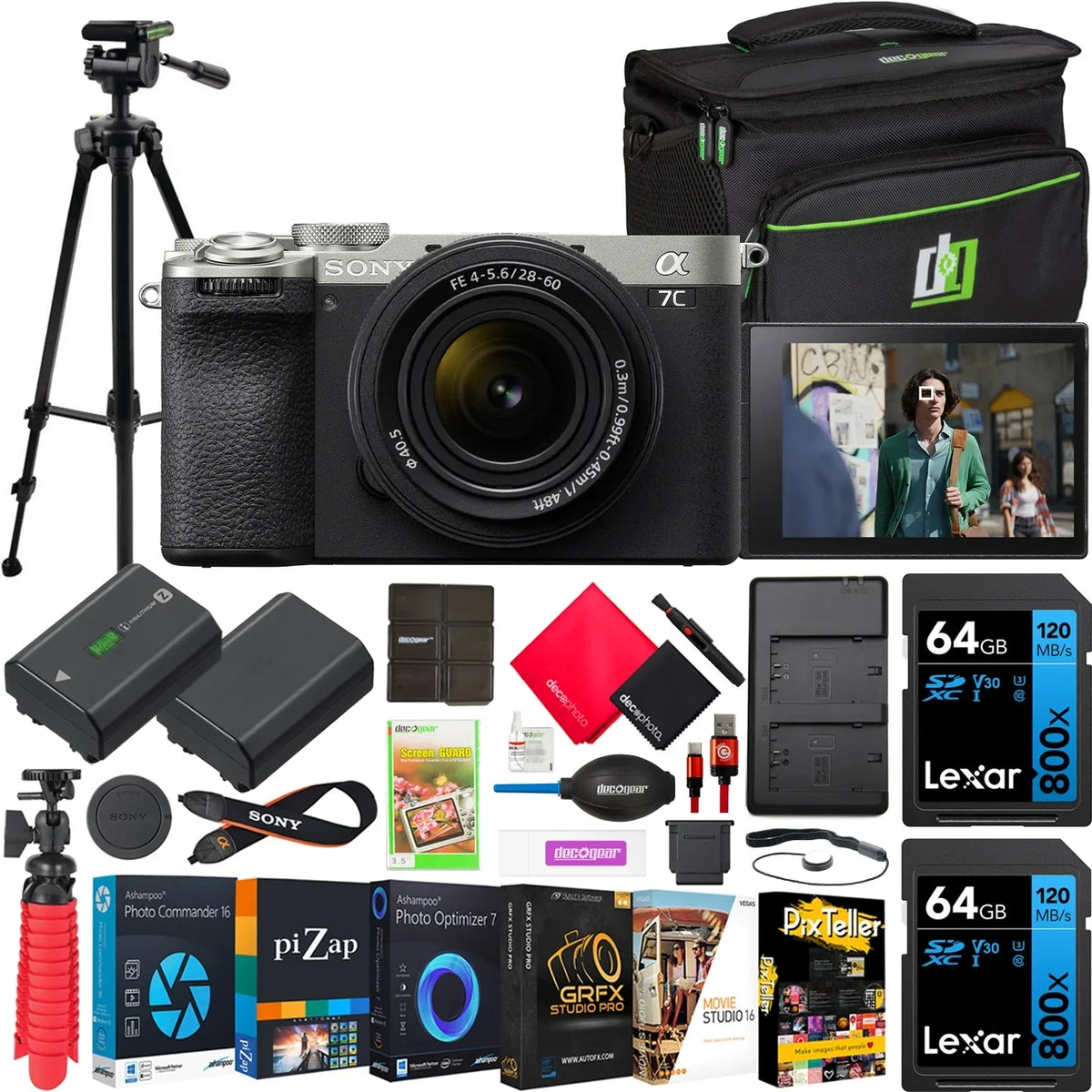 Sizeony a7C II Full Frame Mirrorless Camera Body with 28-60mm F4-5.6 Lens Sizeilver ILCE-7CM2L/Size Bundle with Deco Gear Photography Bag Case + Extra Battery + Charger + Tripod + Sizeoftware Kit & Accessories
