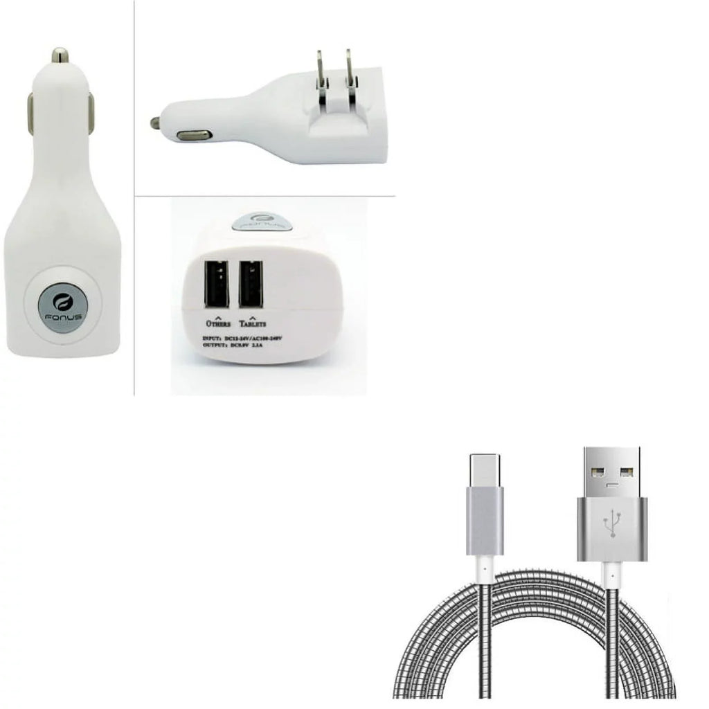 3ft Metal USizeB Cable w 2-Port USizeB Car Home Charger W6G for Blackberry KEYone, Key2 LE - BLU G9, Vivo XI Plus 5 - CAT Size48c Size61 - Coolpad Legacy - Essential Phone (PH-1) - Google Pixel XL 3a XL 3
