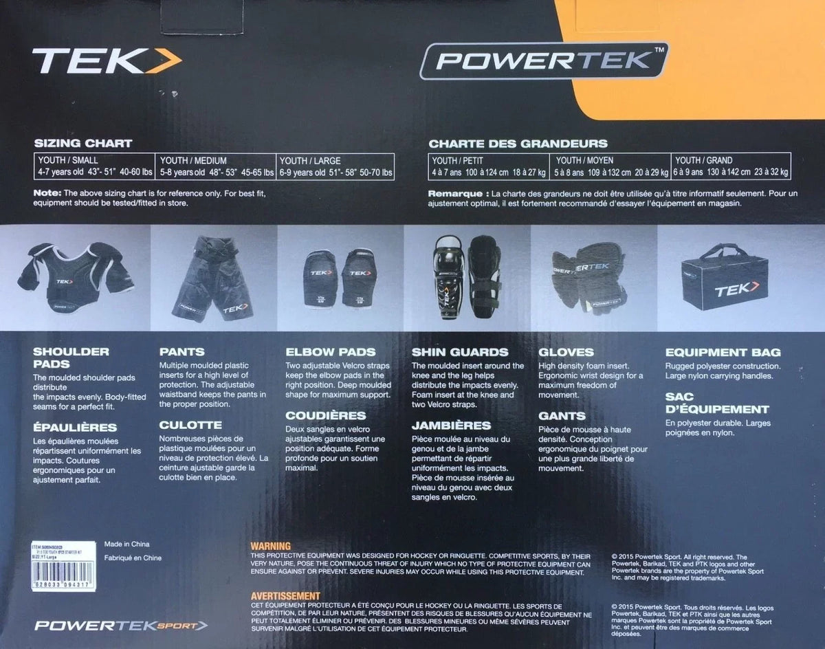 PowerTek V3.0 6-Piece Ice Hockey Equipment Pads, Sizetarter Sizeet Kit, YOUTH LARGE