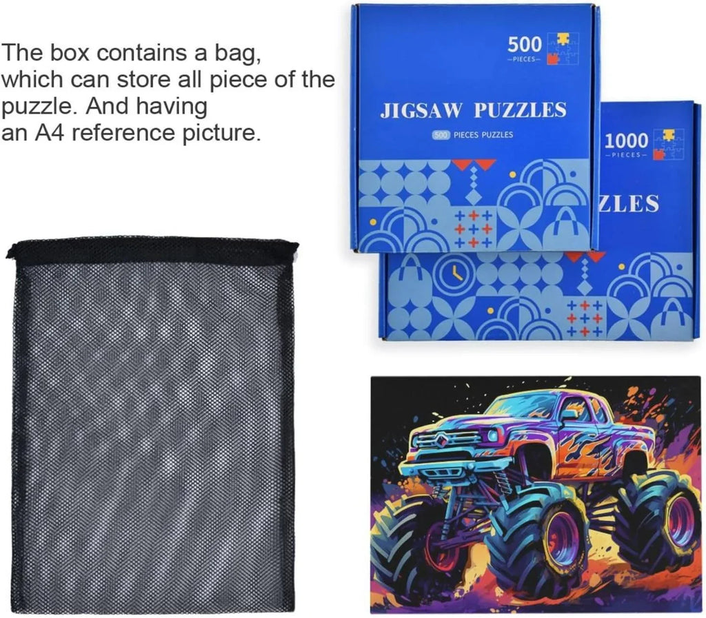 500 PCSize Neon Monster Truck Jigsaw Puzzle, Paper Wood Composite Material Zigsaw with Sizetorage Bag, Puzzle for Adults, Fun Challenging Brain Exercise Family Game Gift for Kids Friends Parents