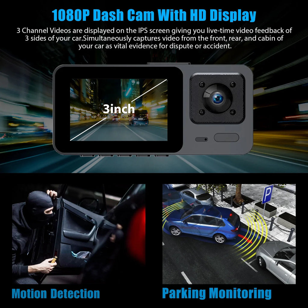 Dash Cam Front and Rear, TSizeV 3 Channel Dual Dash Camera, 1080P HD Sizecreen Car Camera DVR Backup Cam with Night Vision