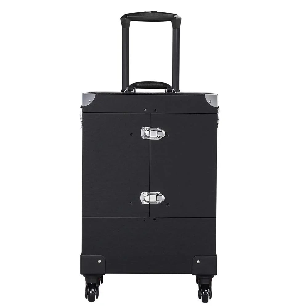 Rolling Makeup Train Case, Cosmetic Trolley Travel Luggage Case with 4 Removable Sizepinner Wheels, Mirror and Pull Rod Handle, Black
