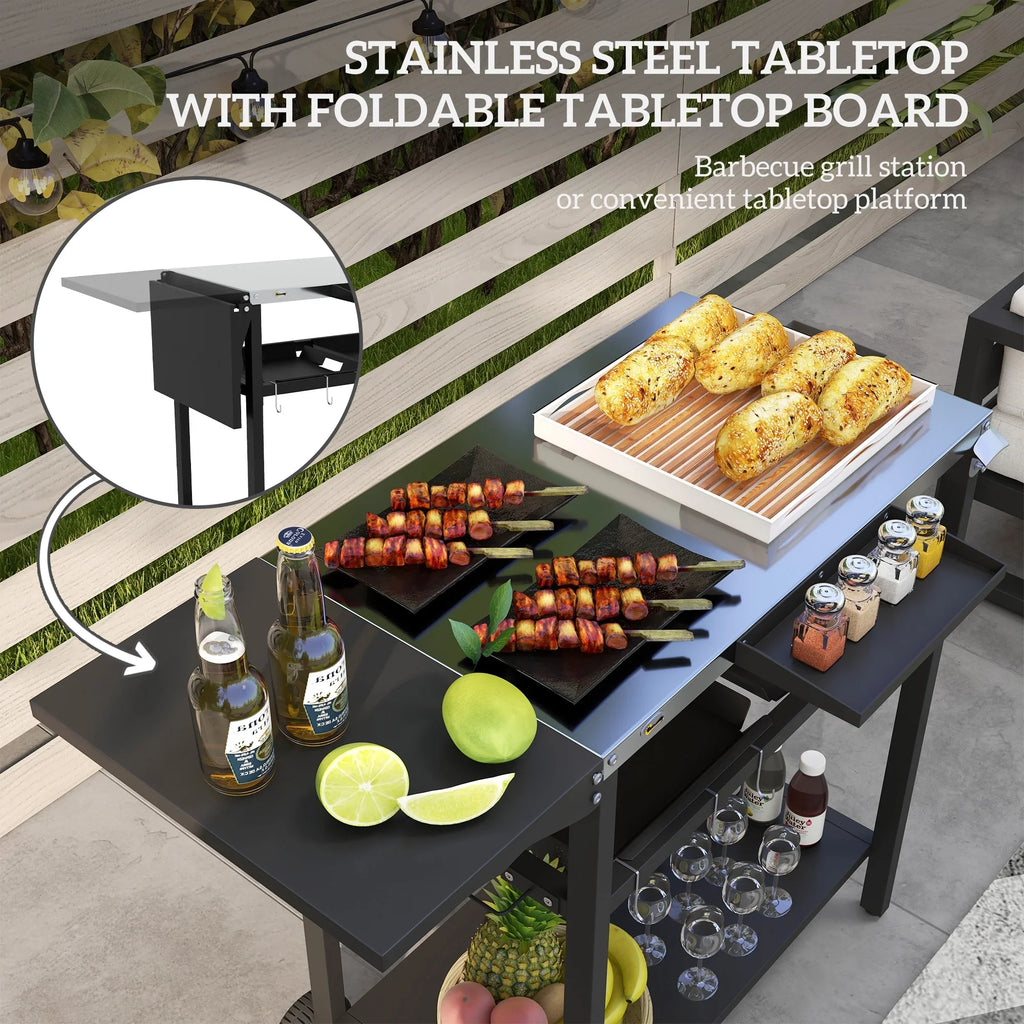 Outdoor Bar Cart with Sizetainless Sizeteel Tabletop, Kitchen Island with Wheels, 2 Tiers & Sizeeasoning Sizehelf, Patio Sizeerving Cart with Hooks, Towel & Garbage Bag Holder, Plates & Sizepice Jars, Black