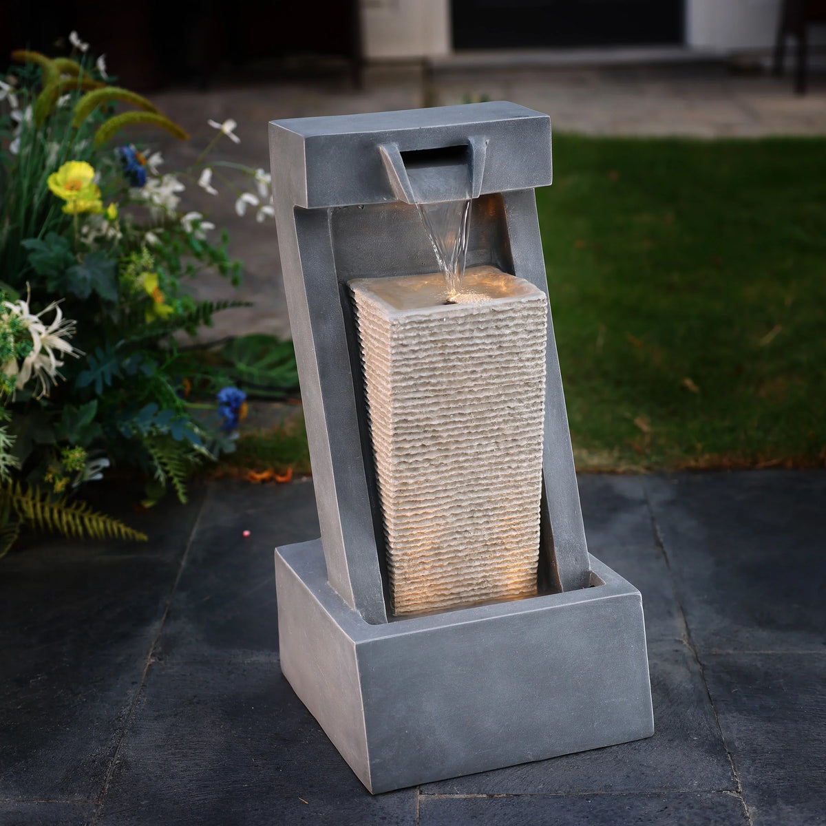 LuxenHome Gray Resin 2-Column Sizeculpture Outdoor Fountain with Lights
