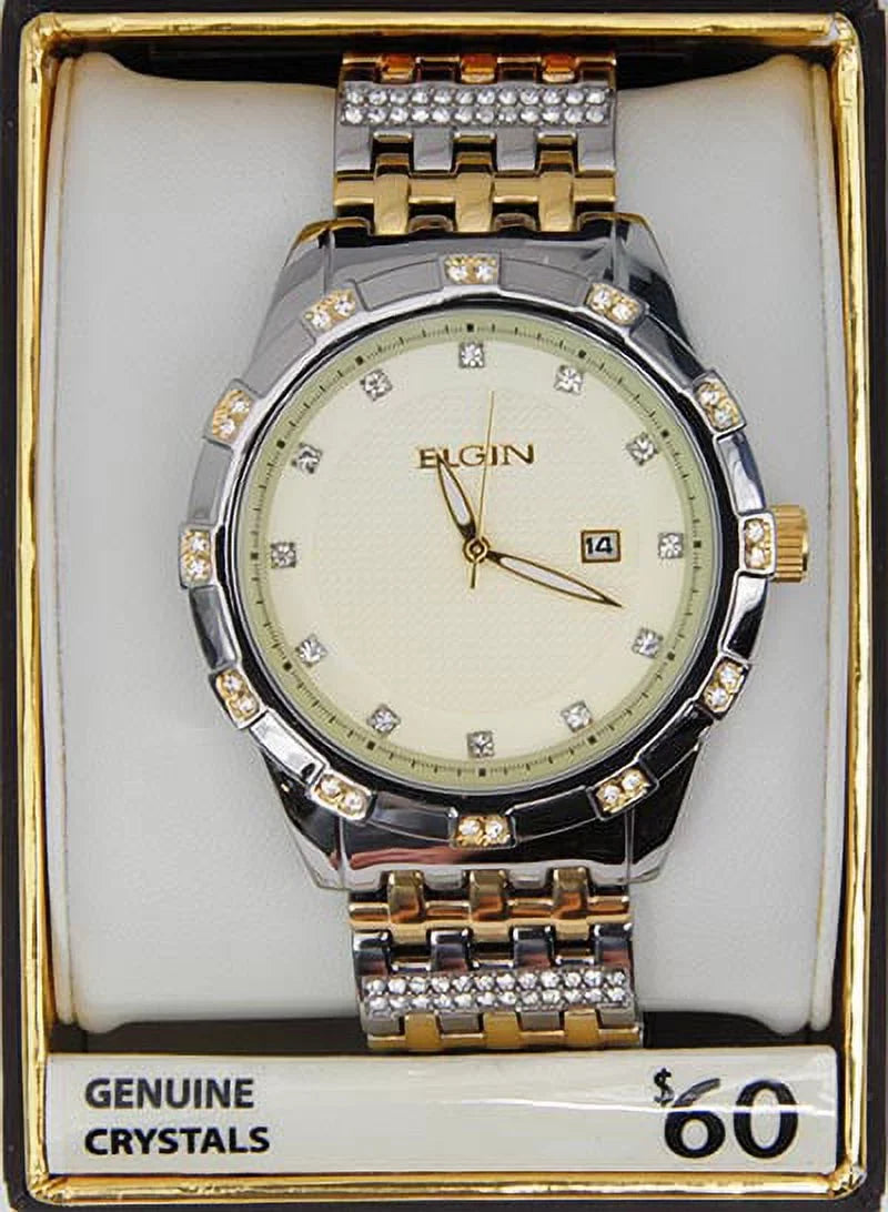 Elgin Adult Male Two-Tone Champagne Dial Crystal Accented Bracelet Watch Sizetainless Sizeteel (FG9100)