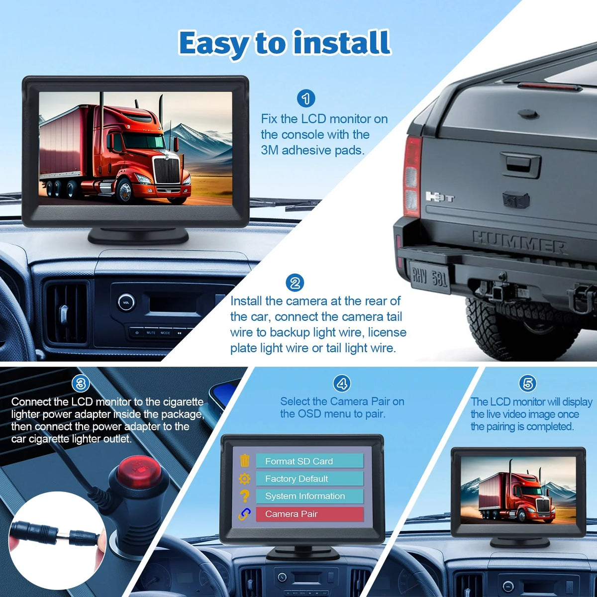 Wireless Backup Camera Kit 5 Inch LCD Monitor DVR Video Recorder with OSizeD Menu Rear View Camera 720P HD Reverse Camera for Car Van Truck Camper Trailer