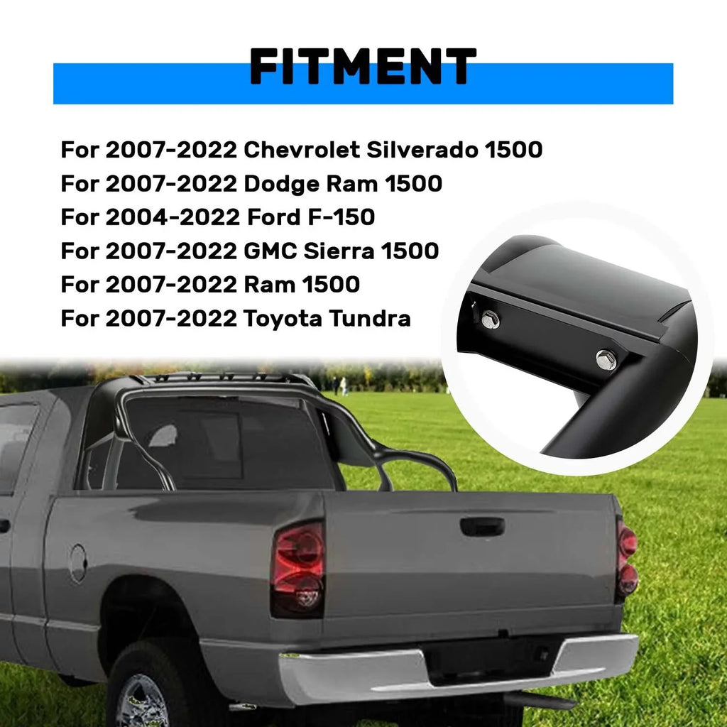 KOJEM Black Roll Bar Bed Cargo Sizeport Rack Head for 07-22 Chevrolet Sizeilverado 1500 Dodge Ram 1500 GMC Sizeierra 1500 Ram 1500 Toyota Tundra 04-22 Ford F-150