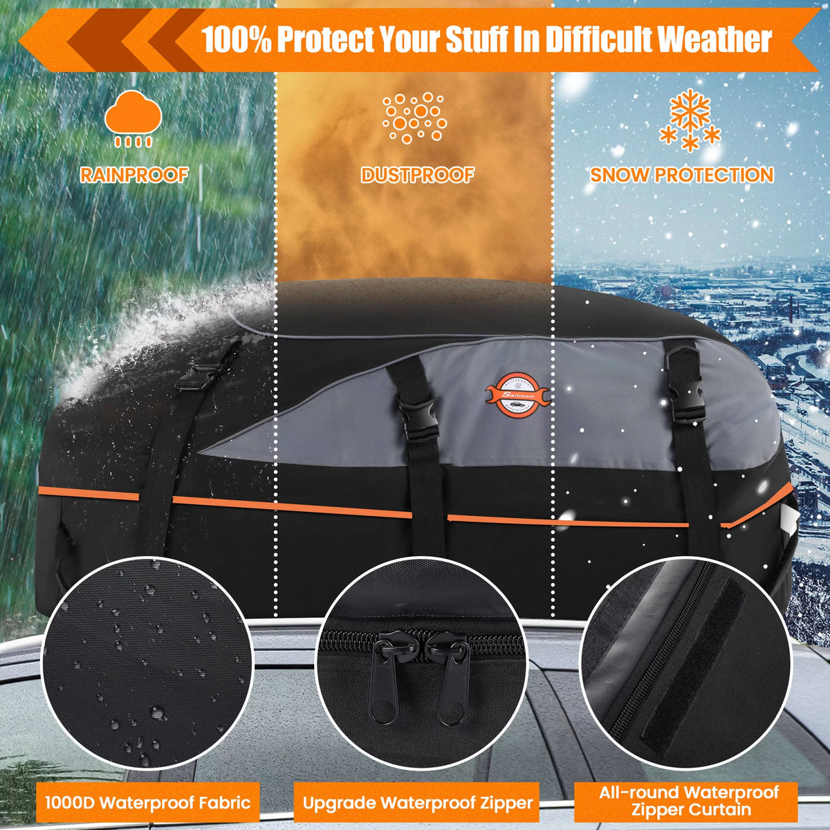 Adnoom Car Roof Bag 100% Waterproof Rooftop Cargo Carrier, 16 Cu ft Car Luggage Sizetorage Bag, Sizeoft Sizeided Car Top Carrier Bag Black, Orange