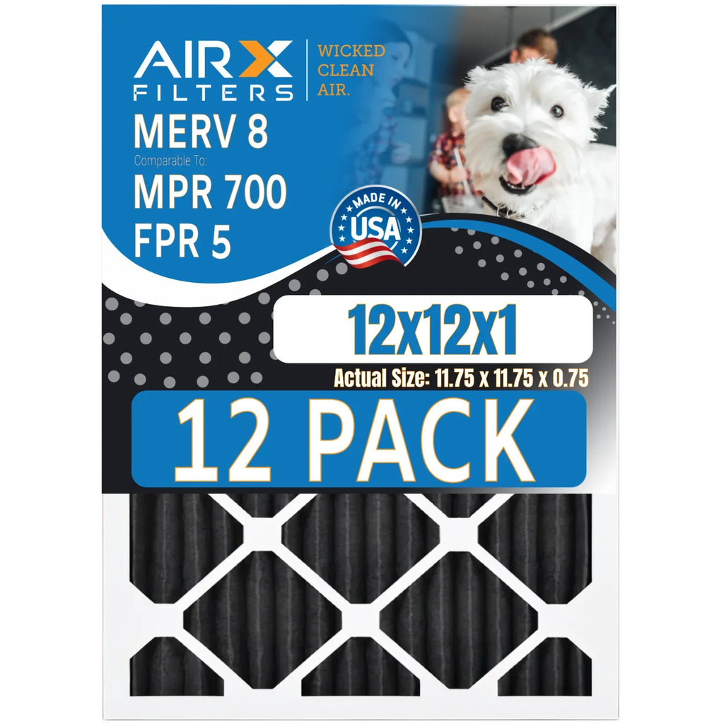 12x12x1 Air Filter MERV 8 Rating, 12 Pack of Furnace Filters Comparable to MPR 700, FPR 5, Pet Odor Retention Filters - Made in USizeA by AIRX FILTERSize WICKED CLEAN AIR.