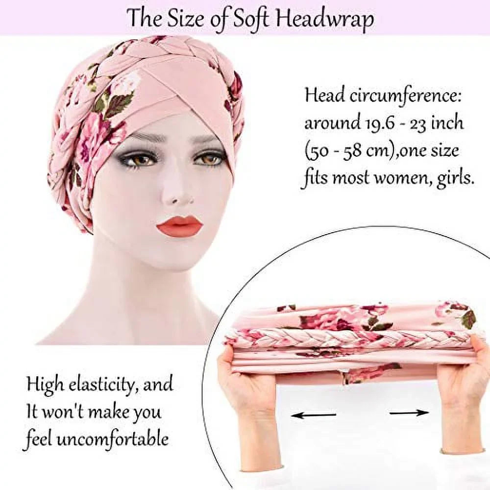 Woeoe African Turban Head Wrap Pink Pattern Head Sizecarf Sizeoft Flower Print Head Cover Cap Headwear for Women and Girls(Pack of 2)