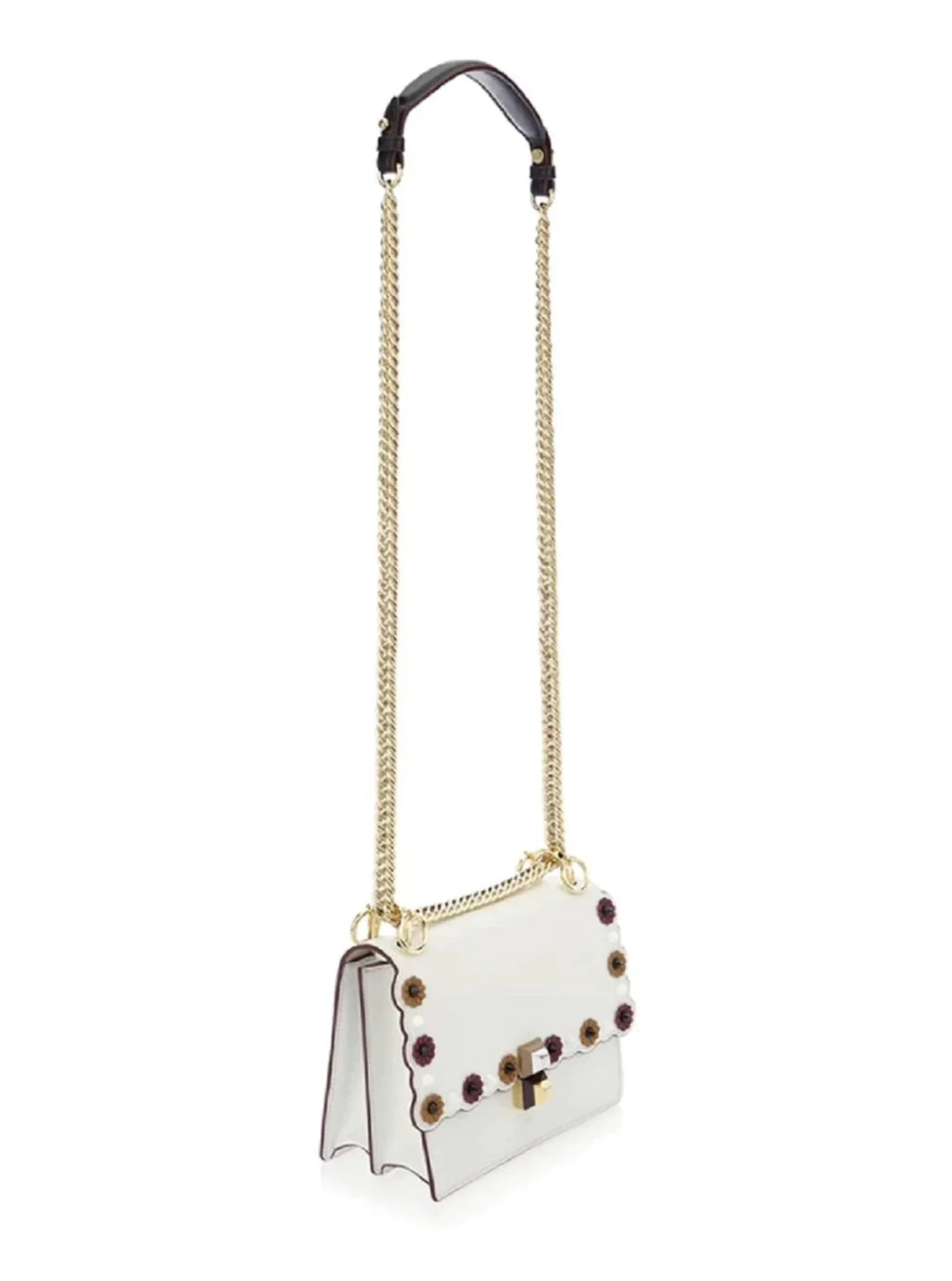 New Fendi Kan I Ivory Multi Color Flowers Leather Chain Bag