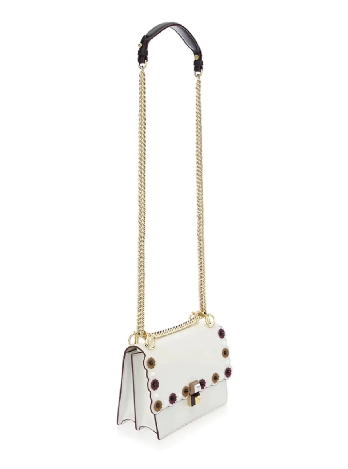 New Fendi Kan I Ivory Multi Color Flowers Leather Chain Bag