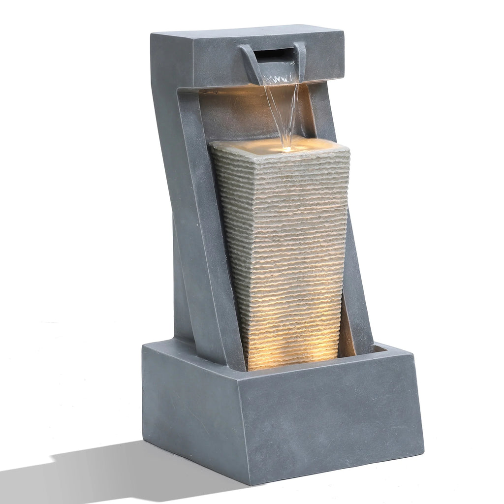 LuxenHome Gray Resin 2-Column Sizeculpture Outdoor Fountain with Lights