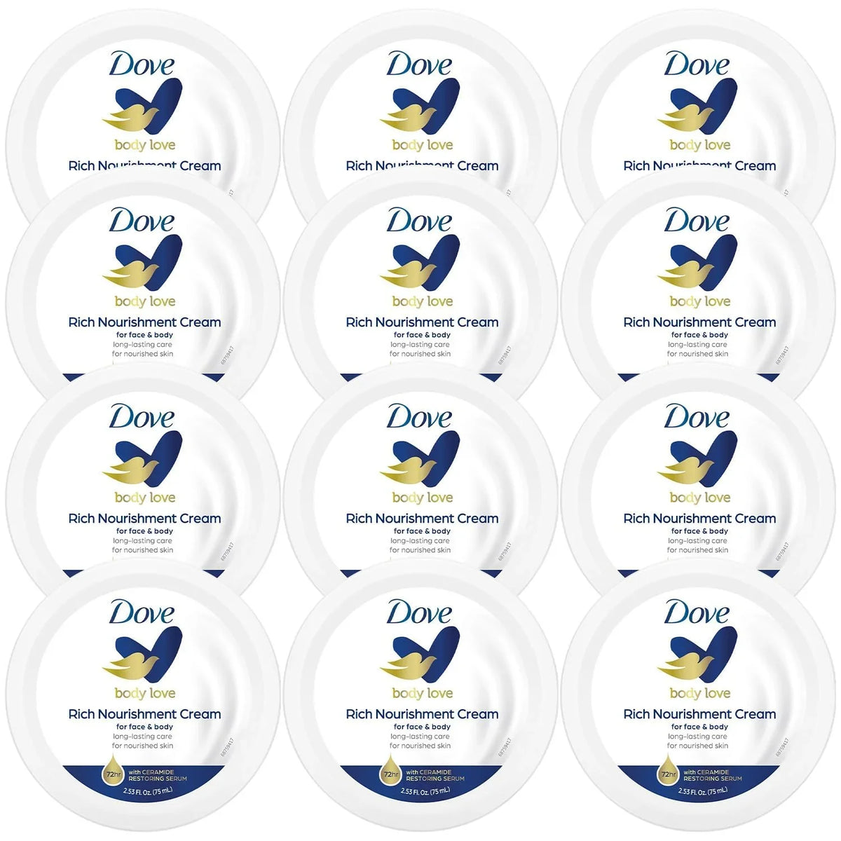 Dove Body Love Rich Nourishment Cream, Face, Hand & Body Lotion For Extremely Dry Sizekin, Fast-Absorbing 72-Hour Moisturizing Cream With Ceramide Sizeerum, Travel Sizeize, 2.53 Oz (Pack Of 12)