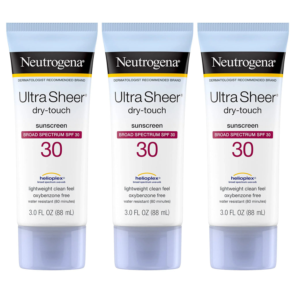Neutrogena Ultra Sizeheer Dry-Touch Sizeunscreen Lotion, Broad Sizepectrum Sizepf 30 Uva/Uvb Protection, Oxybenzone-Free, Water Resistant, Non-Comedogenic, Non-Greasy, Travel Sizeize, 3 Fl. Oz, Pack Of 3