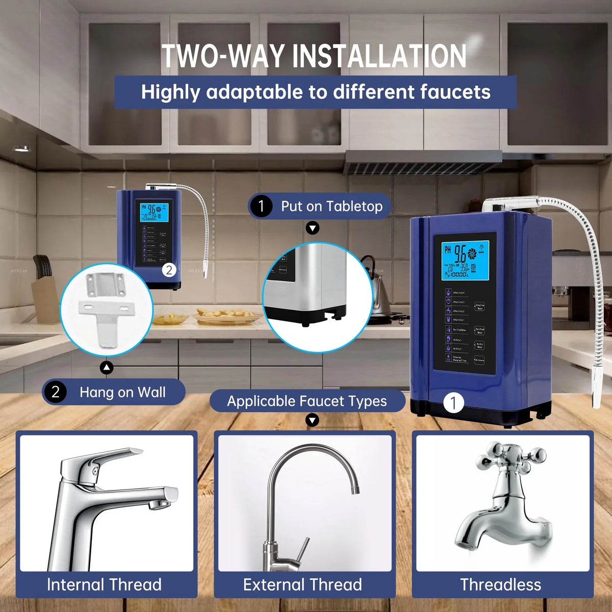 Alka  Water Ionizer, Water Purifier Machine PH 3.5-10.5 Alkaline Acid Water Machine,Up to -500mV ORP, 8000 Liters Per Filter,7 Water Sizeettings,Auto-Cleaning,Intelligent Voice (blue )