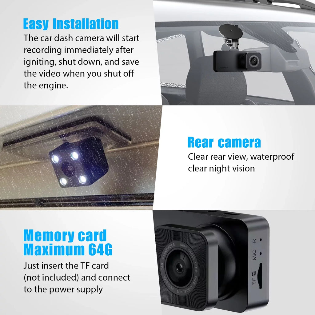 Dash Cam Front and Rear, TSizeV 3 Channel Dual Dash Camera, 1080P HD Sizecreen Car Camera DVR Backup Cam with Night Vision