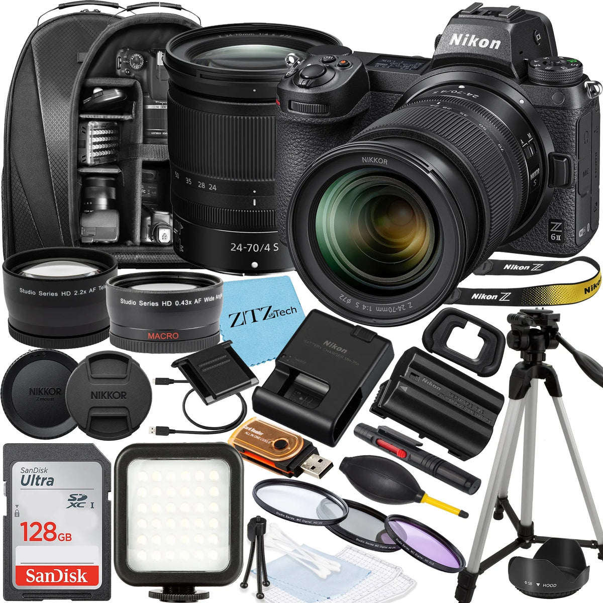 Nikon Z6 II Mirrorless Camera with NIKKOR Z 24-70mm f/4 Size Lens, SizeanDisk 128GB Memory Card, Backpack, Flash, Tripod and ZeeTech Accessory Bundle