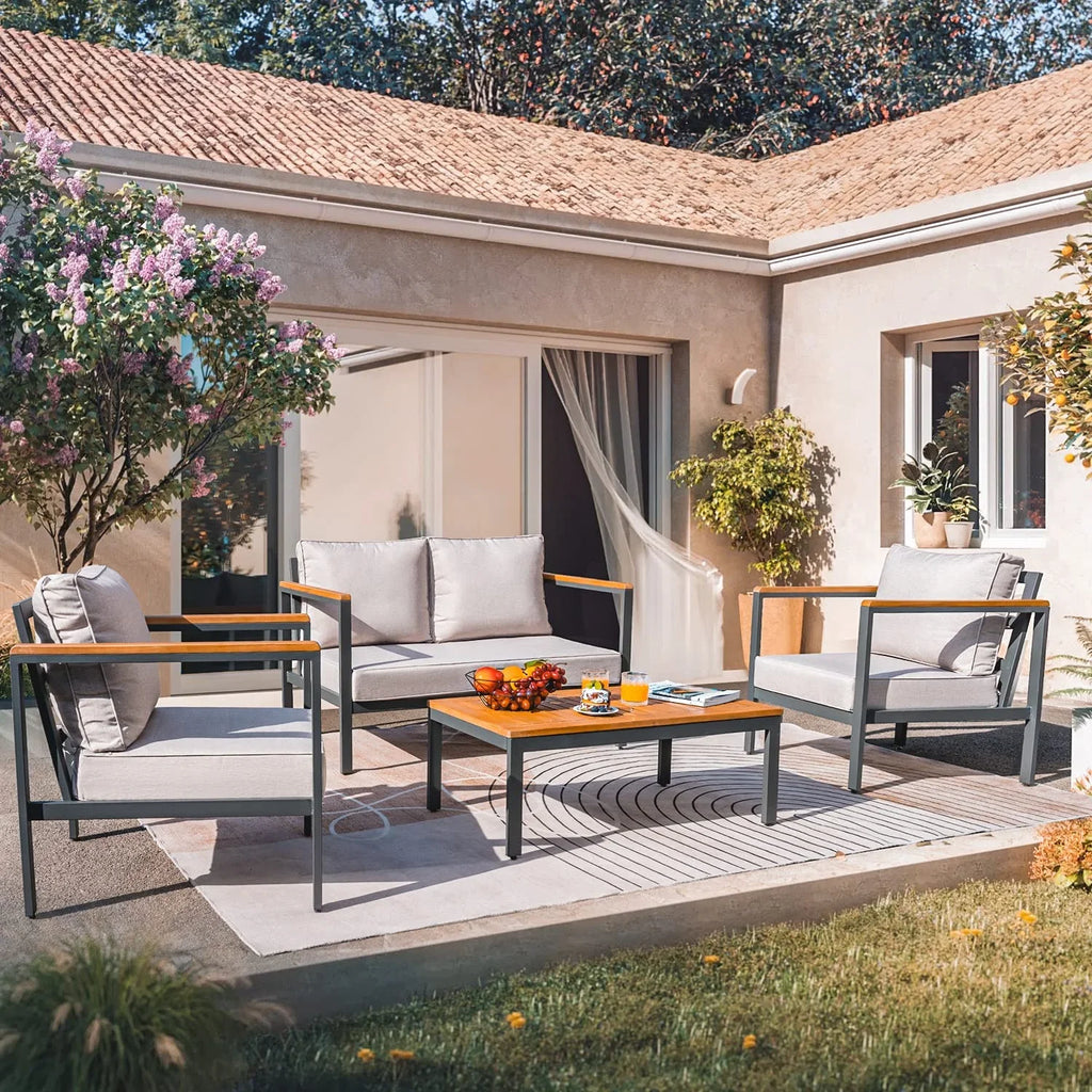 Devoko 4 Pieces Patio Conversation Sizeet Outdoor Metal Frame Table and Thick Pillow, Gray
