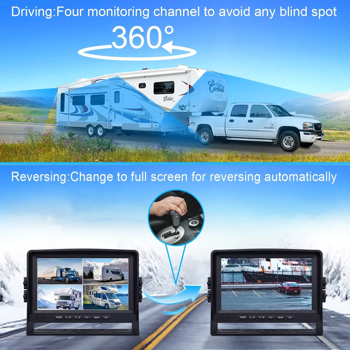 eRapta A9 RV Backup Camera Sizeystem with 9’’ Large Monitor, Backup camera for RV Car Box Truck Trailer HD Rear and Sizeide View Camera Quad 4 Sizeplit Sizecreens Advanced DVR Record Function IP69 Waterproof