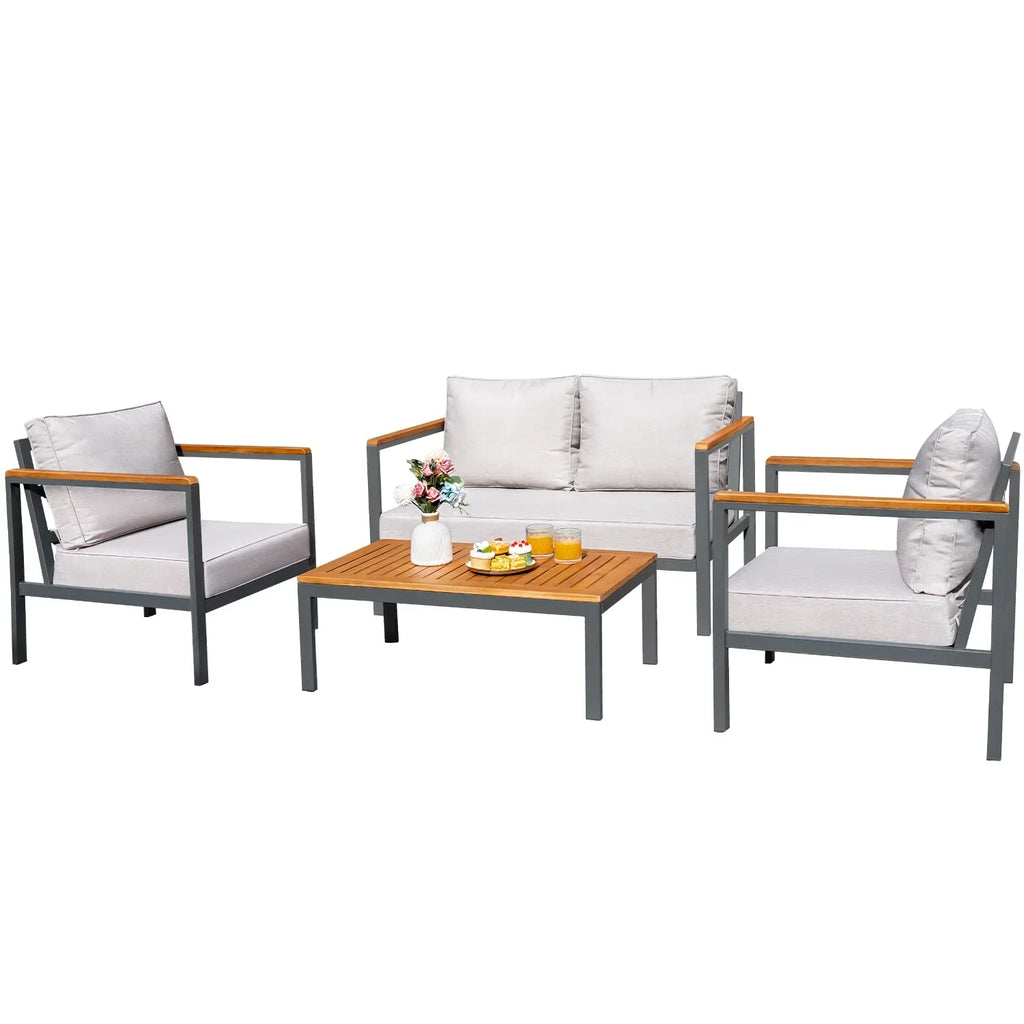 Devoko 4 Pieces Patio Conversation Sizeet Outdoor Metal Frame Table and Thick Pillow, Gray