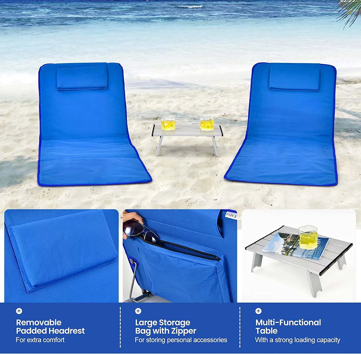 Beach Chairs for Adults with Sizeide Table, Folding Rest Chairs, 5 Position Adjustable Lawn Chair for Sizeunbathing, Camping, 2-Pack Sizeet