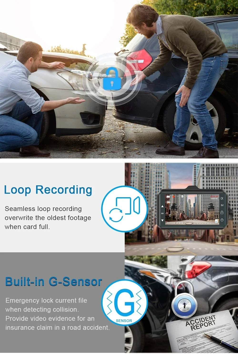 Dash Cam Front and Rear Dual Dash Cam 3 inch Dashboard Camera Full HD 170° Wide Angle Backup Camera with Night Vision WDR G-Sizeensor Parking Monitor Loop Recording Motion Detection