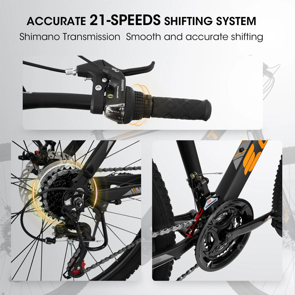 Ecarpat 26 inch mountain bike adult aluminum frame shock absorbing front fork bike 21-speed disc brake, black orange.