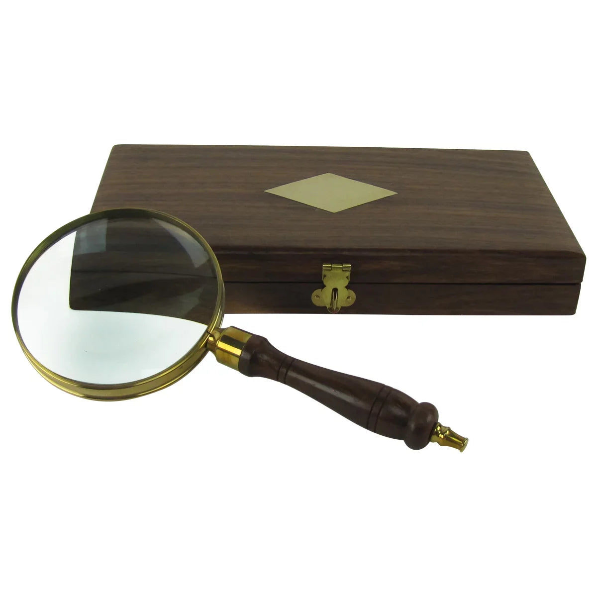 Antique Brass&Wood Turned Hand Lens Magnifying Glass w/ Desktop Box 5x Magnifier