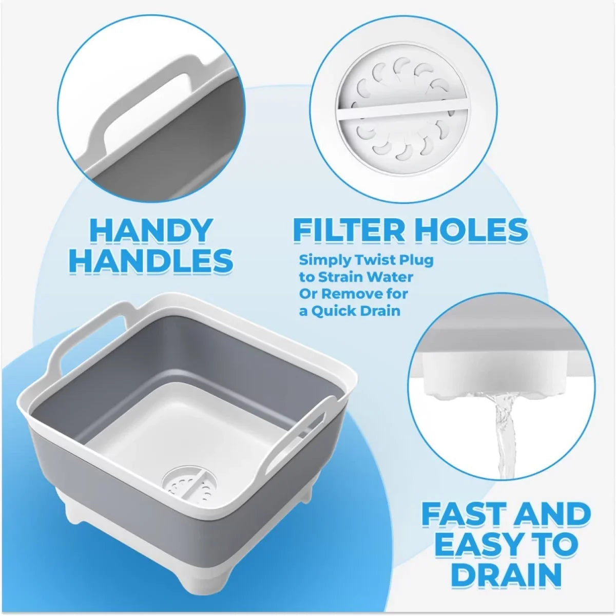 Imoment 2.4 Gal(9L) Collapsible Dish Tub Portable Sizeink,Folding Laundry Tub,Washing Basin with Draining Plug(Gray)