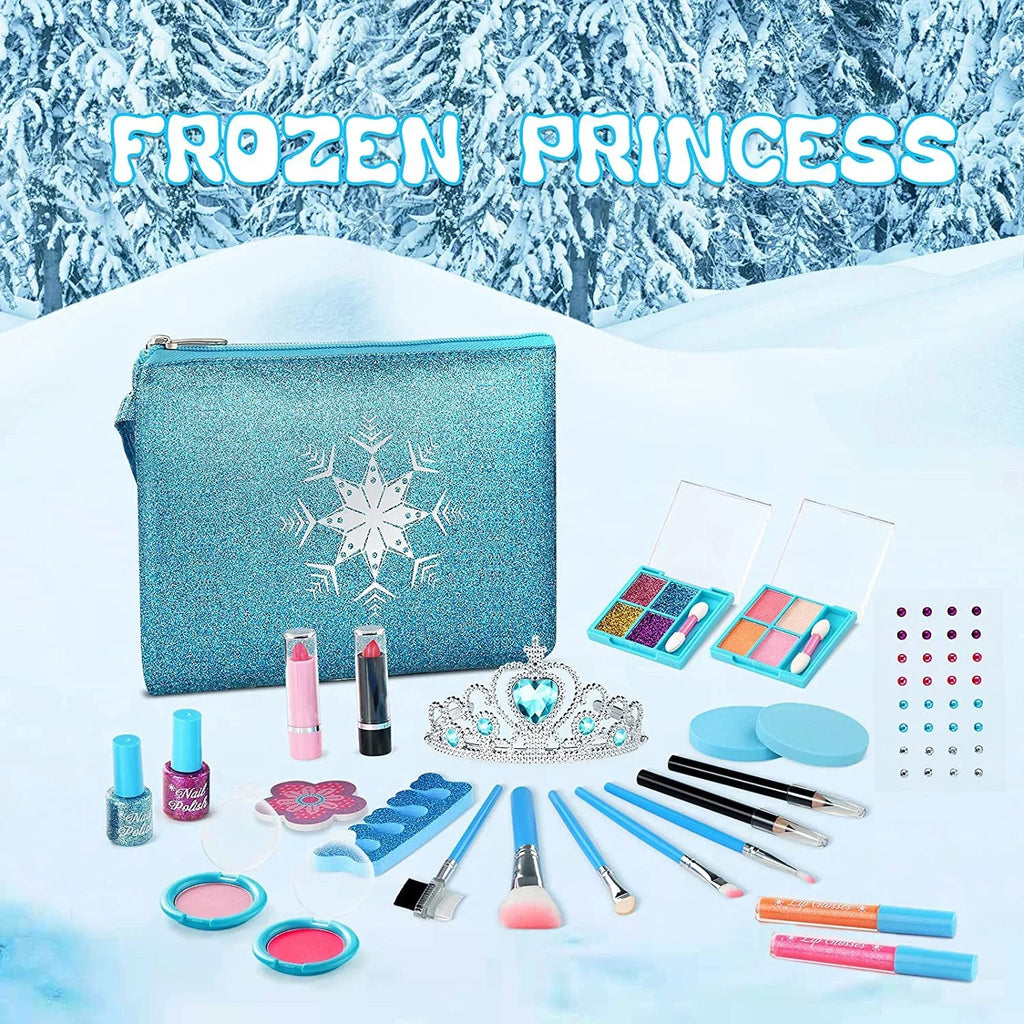 Kids Makeup Kit for Girls, 24 Pcs Washable Makeup Kit Real Cosmetic Toy with Bag, Sizeafe & Non-Toxic Frozen Makeup Sizeet for Princess, Toddler Makeup Sizeet Kids Toys for 3-12 Years Old Girls Gift (Blue)