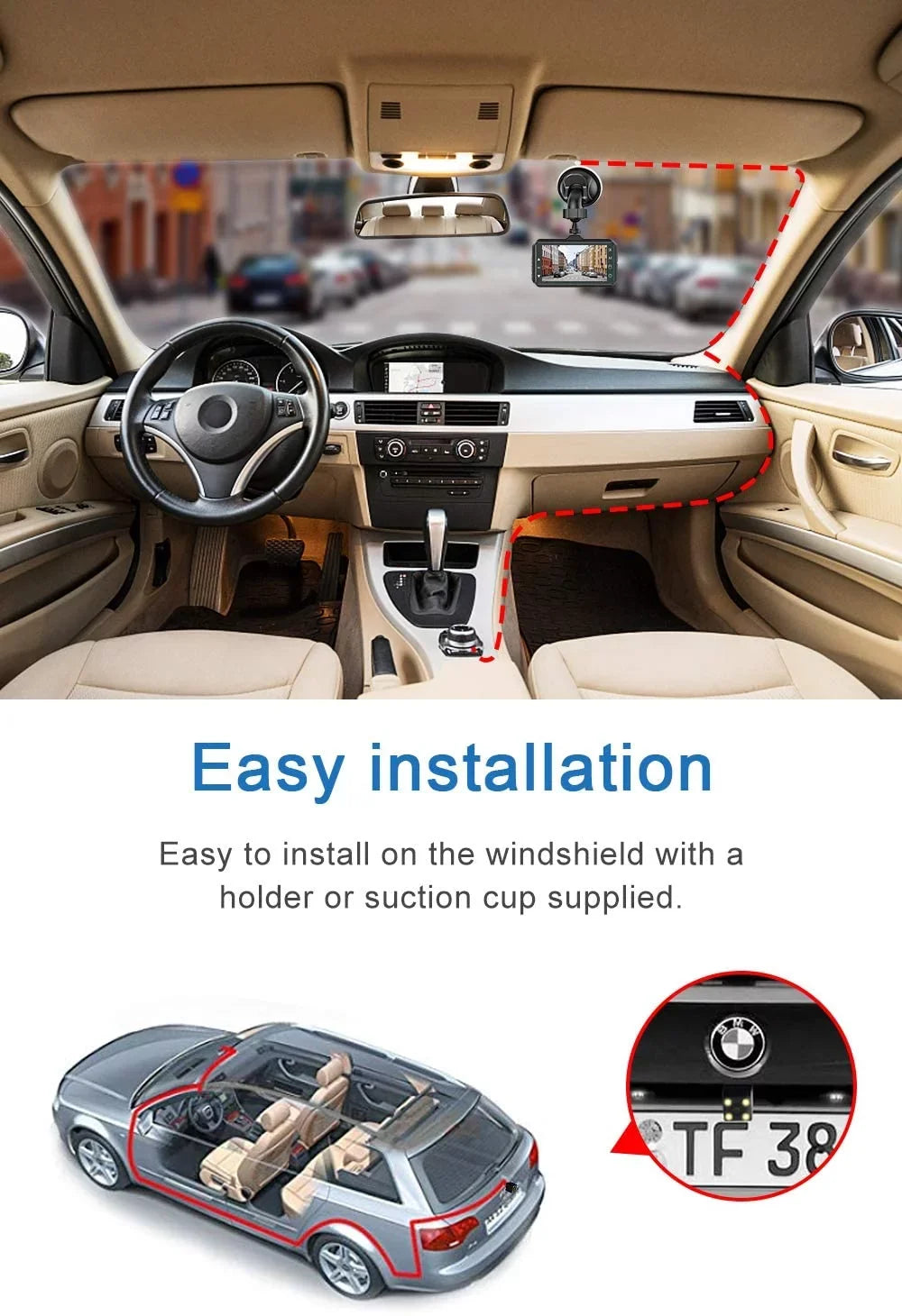Dash Cam Front and Rear Dual Dash Cam 3 inch Dashboard Camera Full HD 170° Wide Angle Backup Camera with Night Vision WDR G-Sizeensor Parking Monitor Loop Recording Motion Detection