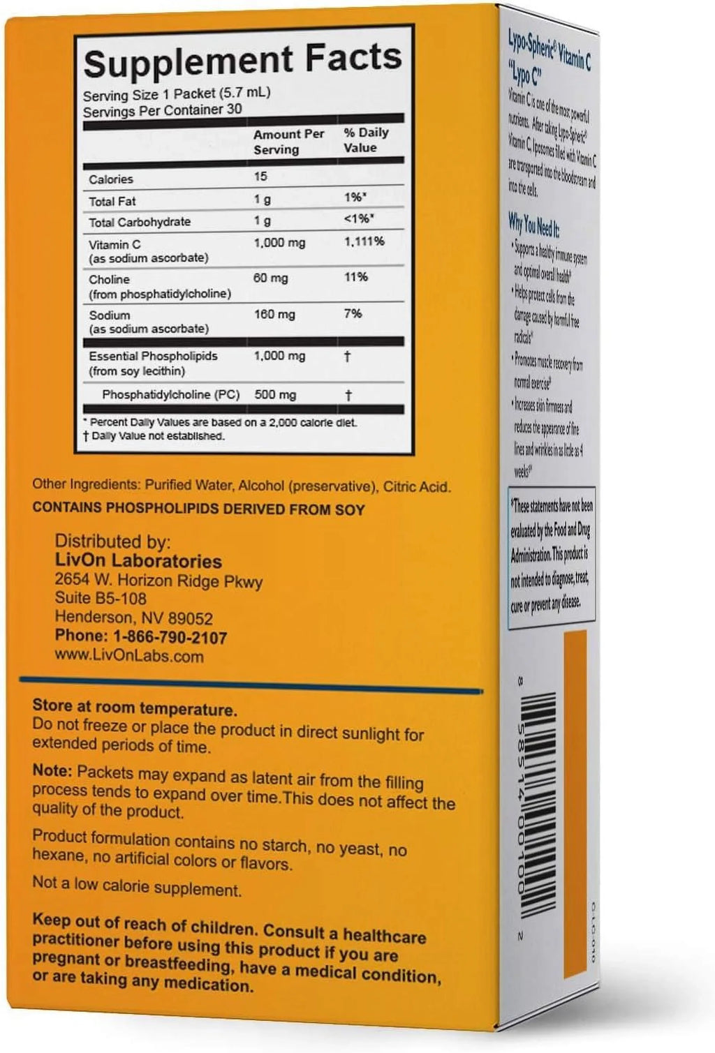 Lypo-Sizepheric Vitamin C - 3 Cartons (90 Packets) - 1,000 mg Vitamin C & 1,000 mg Essential Phospholipids Per Packet - Liposome Encapsulated for Improved Absorption - 100% Non-GMO