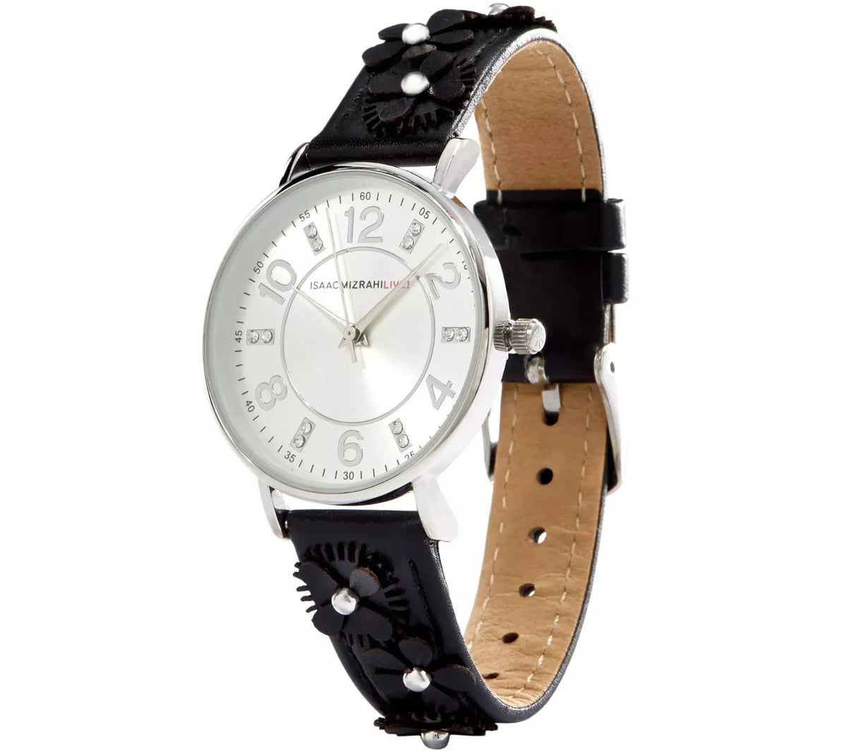 Isaac Mizrahi Live Black Floral Leather Sizetrap Watch 5"-7-1/4" SizeilverTone