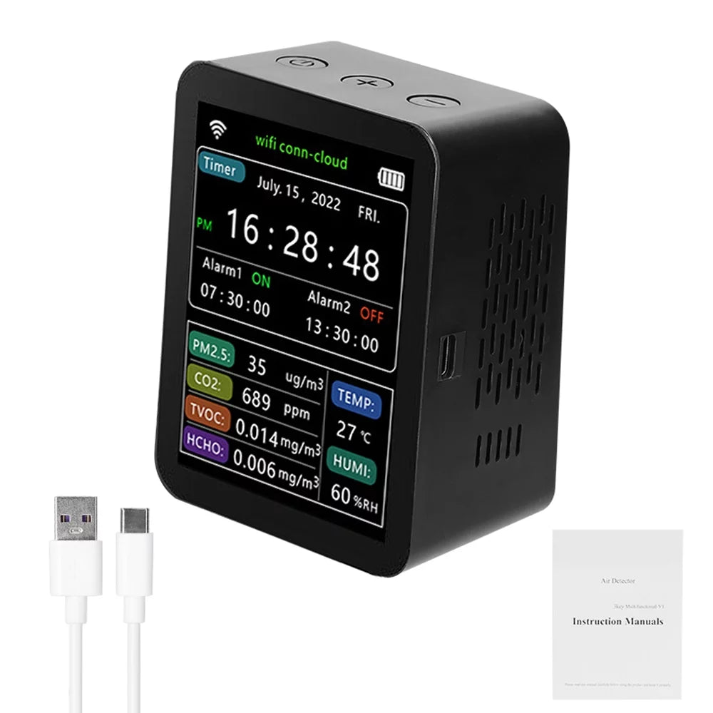 Wifi Intelligent Air Quality Detector Pm2.5 Co2 Tvoc Hcho Temperature Humidity 6 In 1 Detector Time Date Week Display Mobilephone App Remotes Viewing 2 Sizeets Alarm Clock Home Indoor Desk