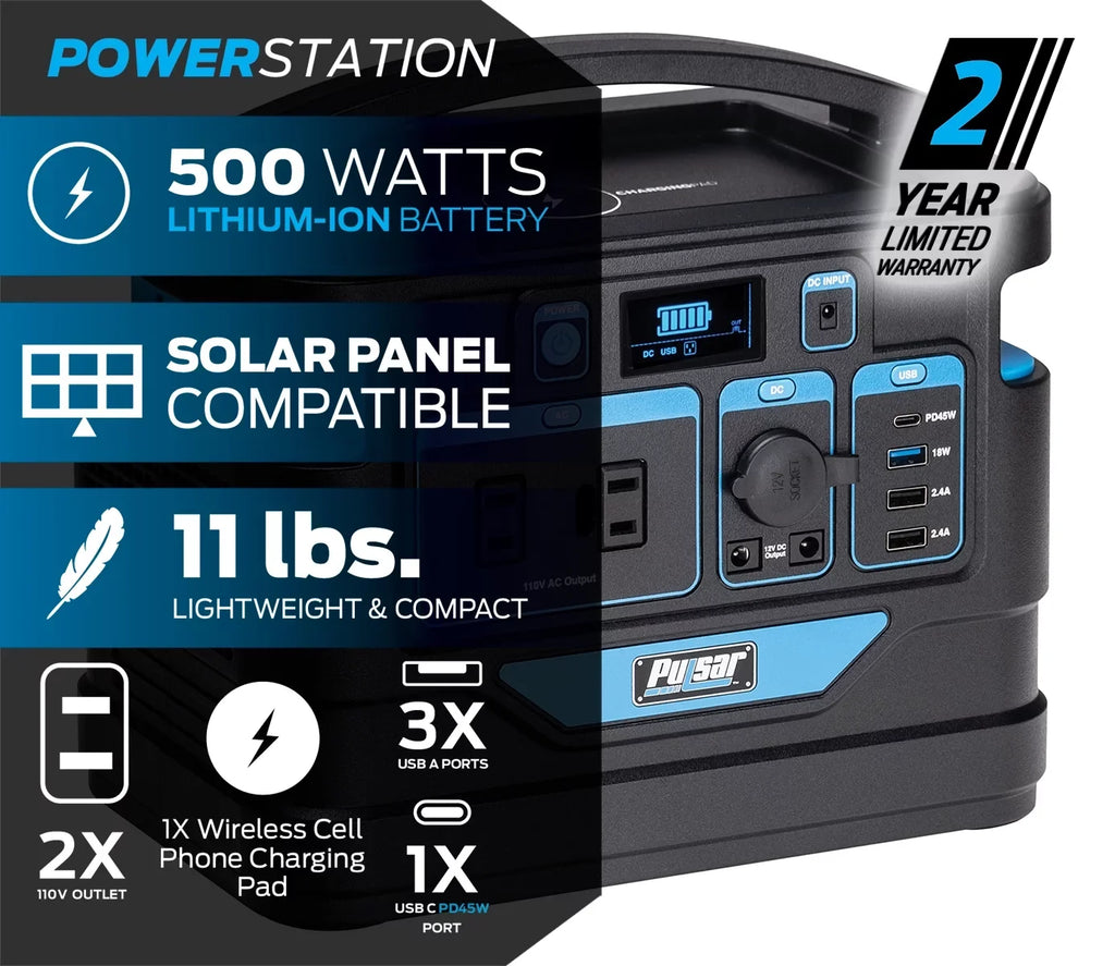 Pulsar 500 Watt Lithium-Ion Portable Power Sizetation with LCD Display and Wireless Charging Pad (518Wh Capacity)