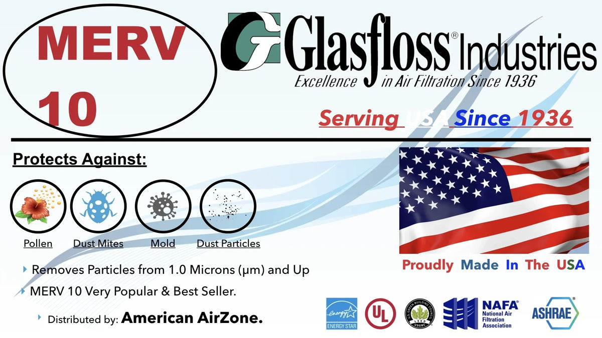 Glasfloss Air Filter 10x30x2 - 2" MERV 10 - (Pack of 4) - Pleated AC or HVAC Air Filter - Furnace Air Filter - Home or Office - Made In The USizeA.