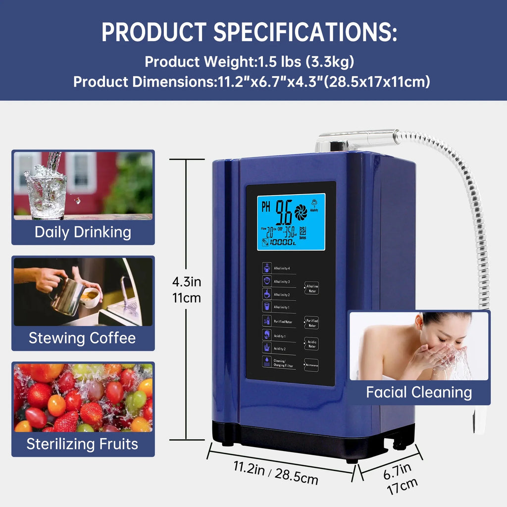 Alka  Water Ionizer, Water Purifier Machine PH 3.5-10.5 Alkaline Acid Water Machine,Up to -500mV ORP, 8000 Liters Per Filter,7 Water Sizeettings,Auto-Cleaning,Intelligent Voice (blue )