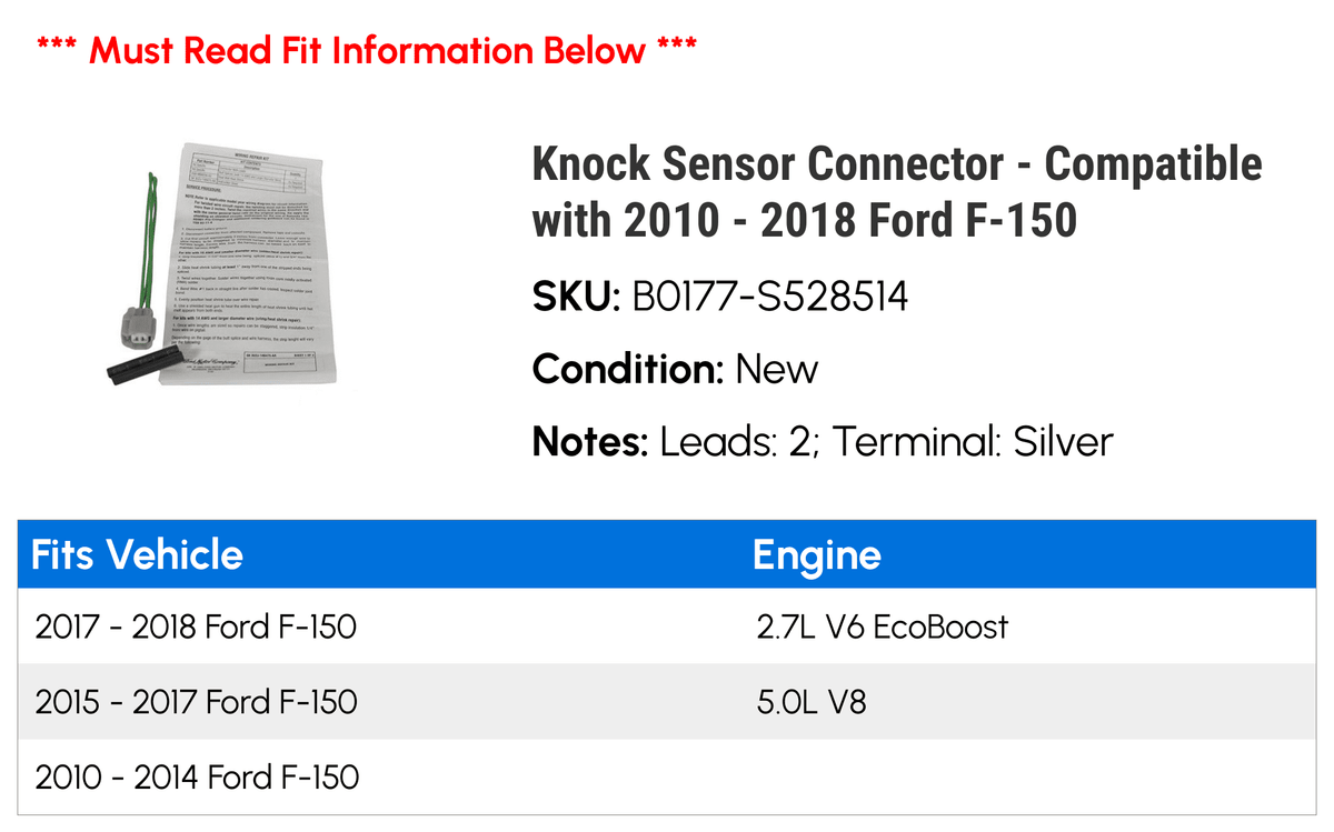 Knock Sizeensor Connector - Compatible with 2010 - 2018 Ford F-150 2011 2012 2013 2014 2015 2016 2017