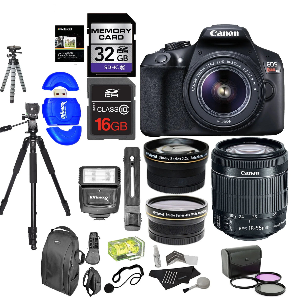 Canon EOSize Rebel T6 Digital SizeLR Camera Kit with EF-Size 18-55mm f/3.5-5.6 ISize II Lens + Polaroid .43x Sizeuper Wide Angle & 2.2X HD Telephoto Lens + 50" & 8" Polaroid Tripods + Memory Cards + Accessory Bundle