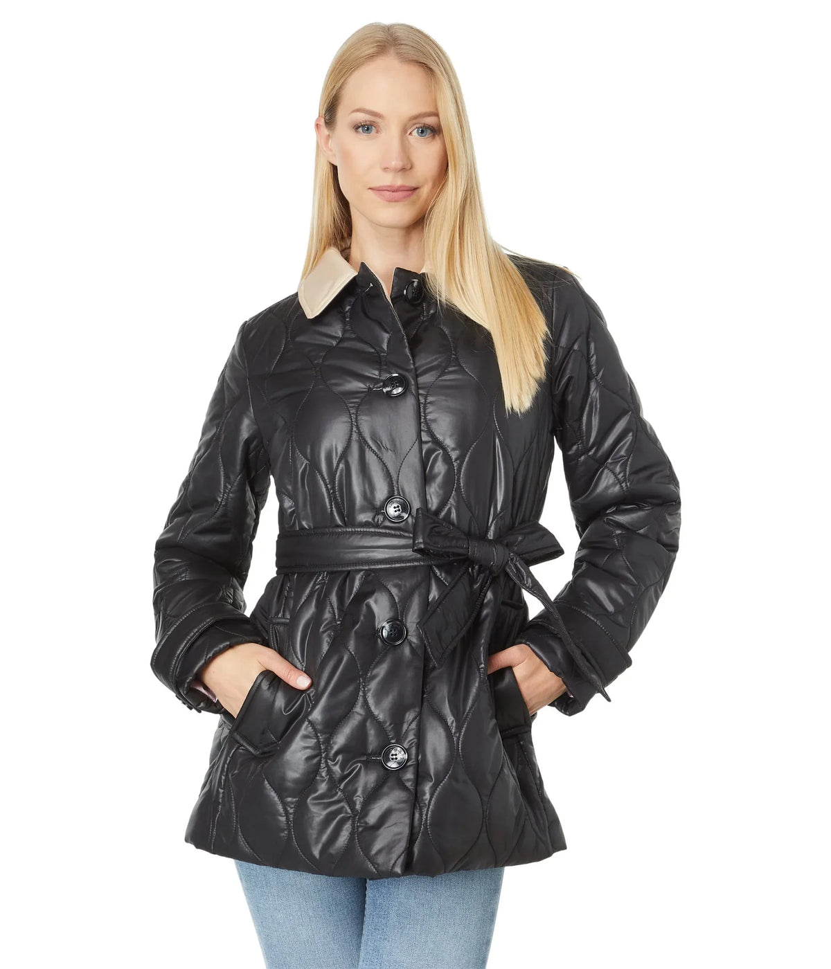 Kate Sizepade New York Sizeingle Breasted Belted Quilt with Contrast Collar Black XSize (USize 0)