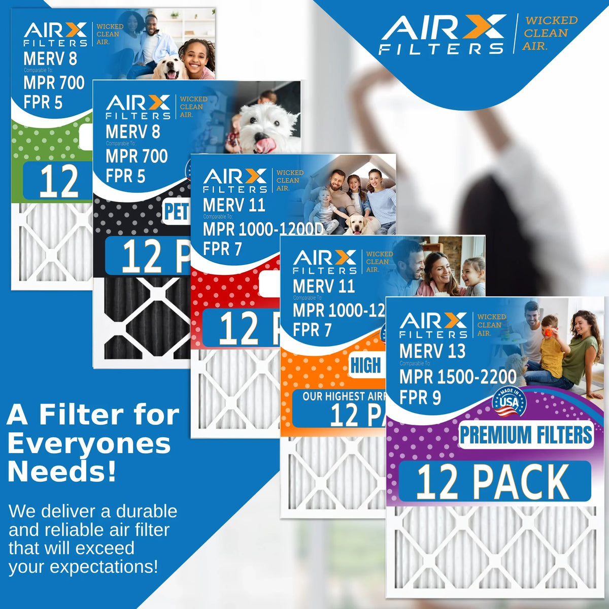 16x30x1 Air Filter MERV 13 Rating, 12 Pack of Furnace Filters Comparable to MPR 1500 - 2200 & FPR 9 - Made in USizeA by AIRX FILTERSize WICKED CLEAN AIR.