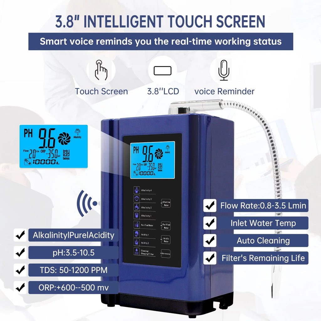 Alka  Water Ionizer, Water Purifier Machine PH 3.5-10.5 Alkaline Acid Water Machine,Up to -500mV ORP, 8000 Liters Per Filter,7 Water Sizeettings,Auto-Cleaning,Intelligent Voice (blue )