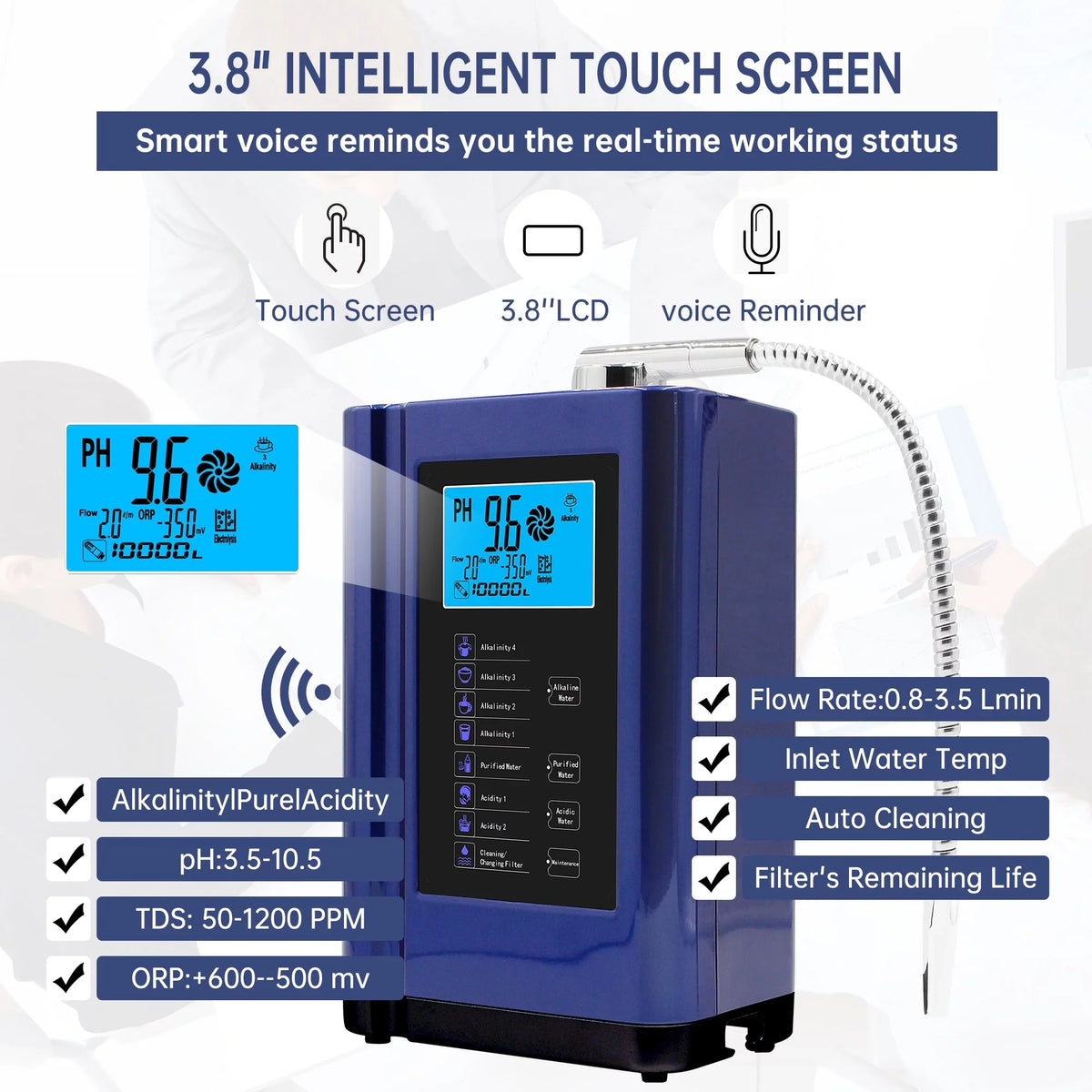 Alka  Water Ionizer, Water Purifier Machine PH 3.5-10.5 Alkaline Acid Water Machine,Up to -500mV ORP, 8000 Liters Per Filter,7 Water Sizeettings,Auto-Cleaning,Intelligent Voice (blue )