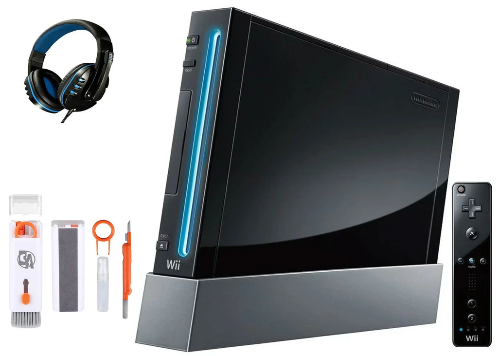 Nintendo Wii Black Gaming Console + Headset Cleaning Kit BOLT AXTION Bundle Like New