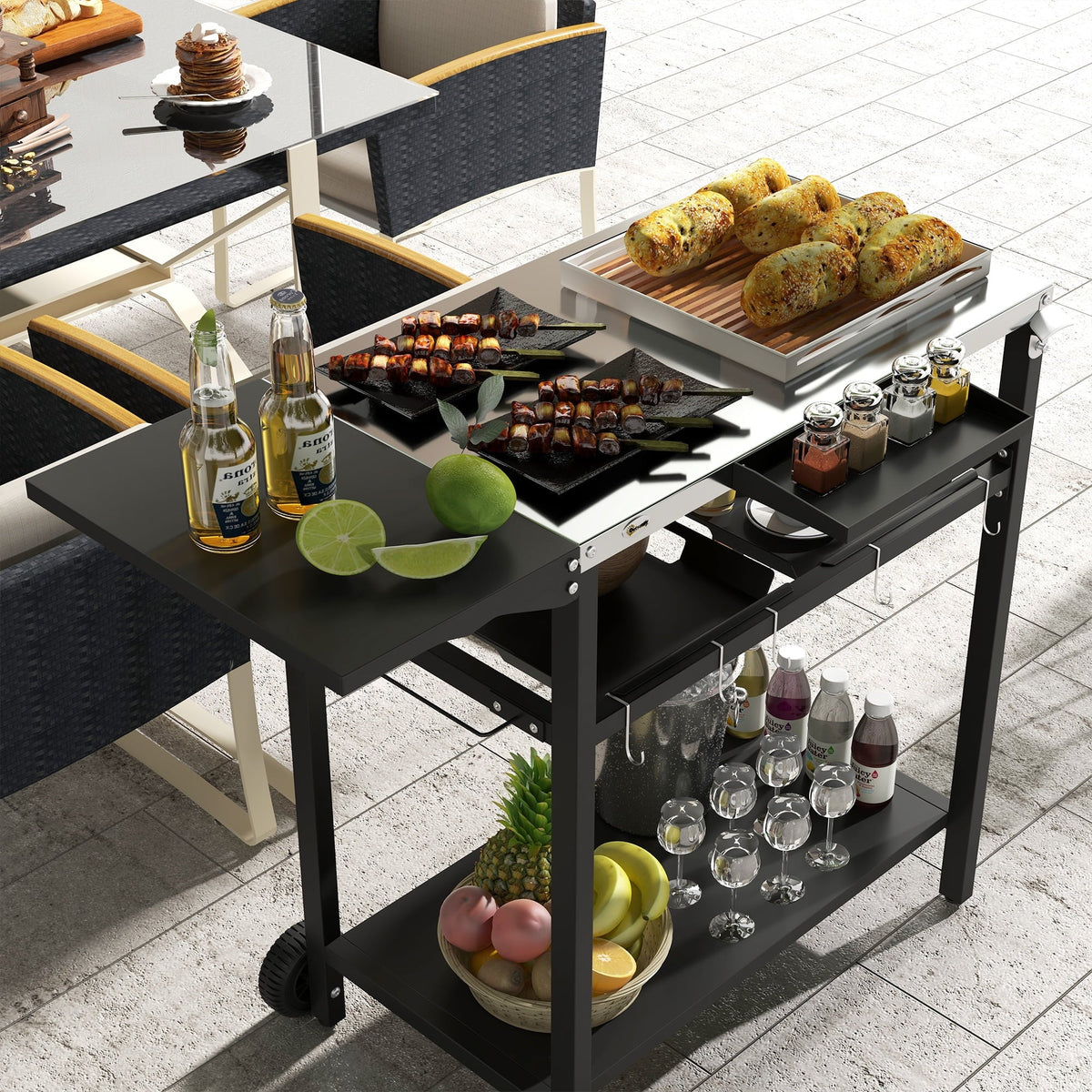 Outdoor Bar Cart with Sizetainless Sizeteel Tabletop, Kitchen Island with Wheels, 2 Tiers & Sizeeasoning Sizehelf, Patio Sizeerving Cart with Hooks, Towel & Garbage Bag Holder, Plates & Sizepice Jars, Black