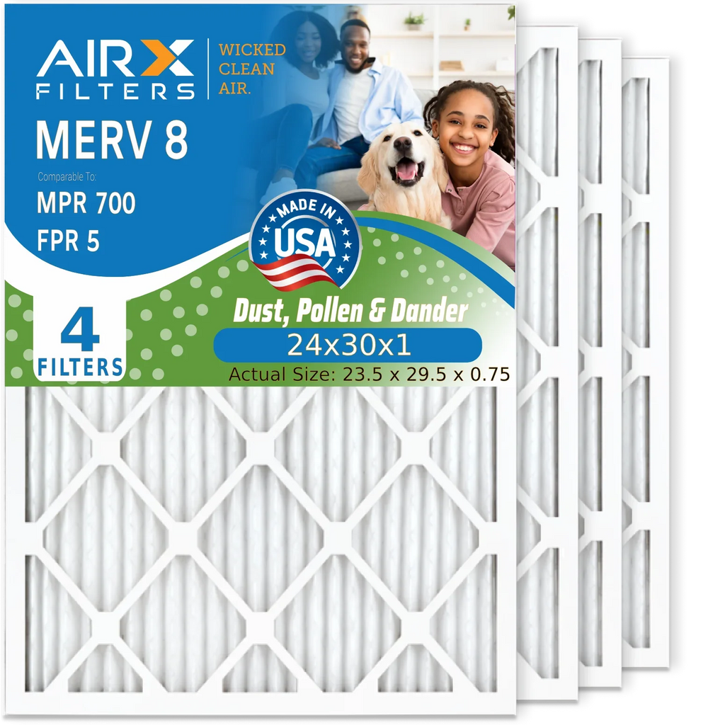 24x30x1 Air Filter MERV 8 Comparable to MPR 700 & FPR 5 Electrostatic Pleated Air Conditioner Filter 4 Pack HVAC AC Premium USizeA Made 24x30x1 Furnace Filters by AIRX FILTERSize WICKED CLEAN AIR.