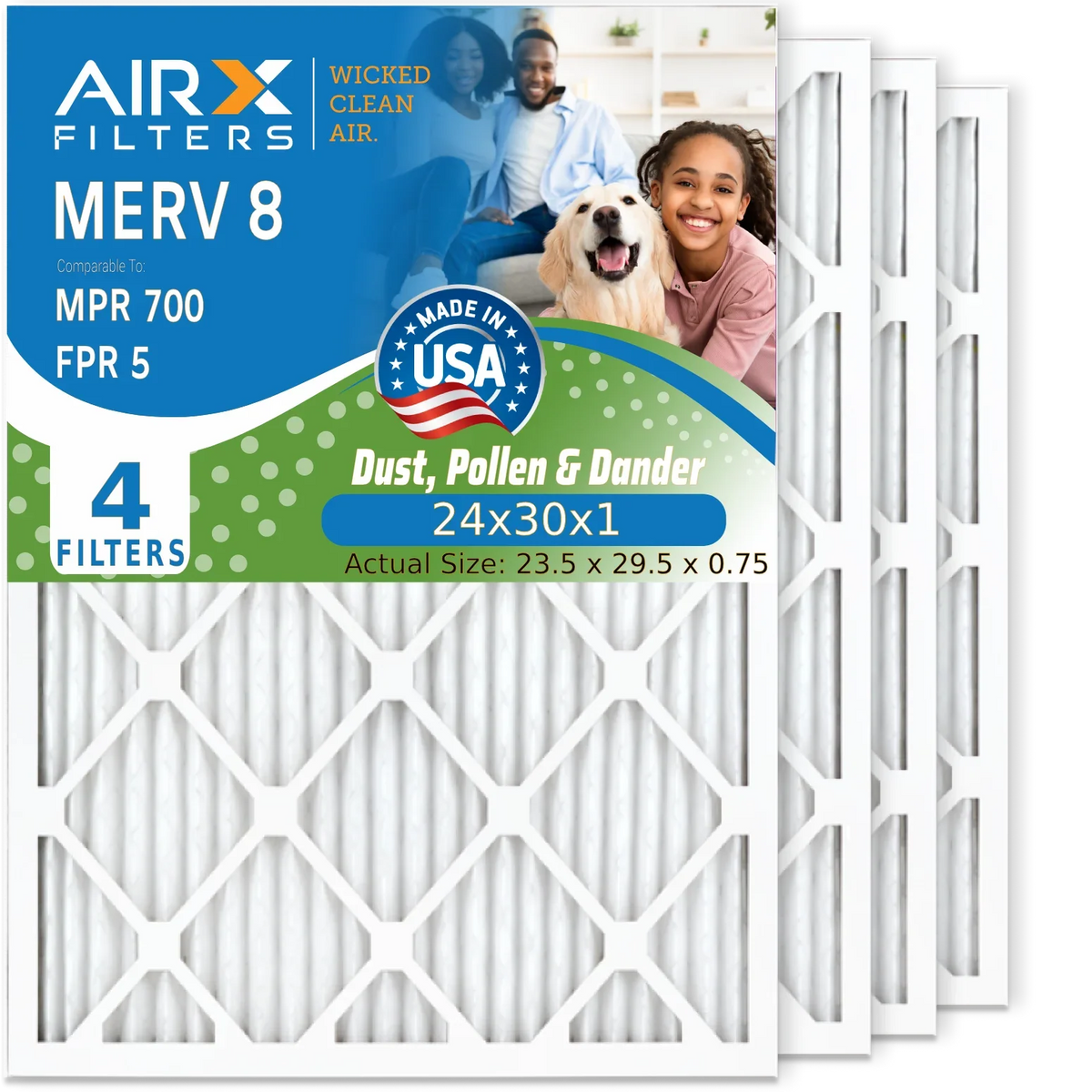 24x30x1 Air Filter MERV 8 Comparable to MPR 700 & FPR 5 Electrostatic Pleated Air Conditioner Filter 4 Pack HVAC AC Premium USizeA Made 24x30x1 Furnace Filters by AIRX FILTERSize WICKED CLEAN AIR.